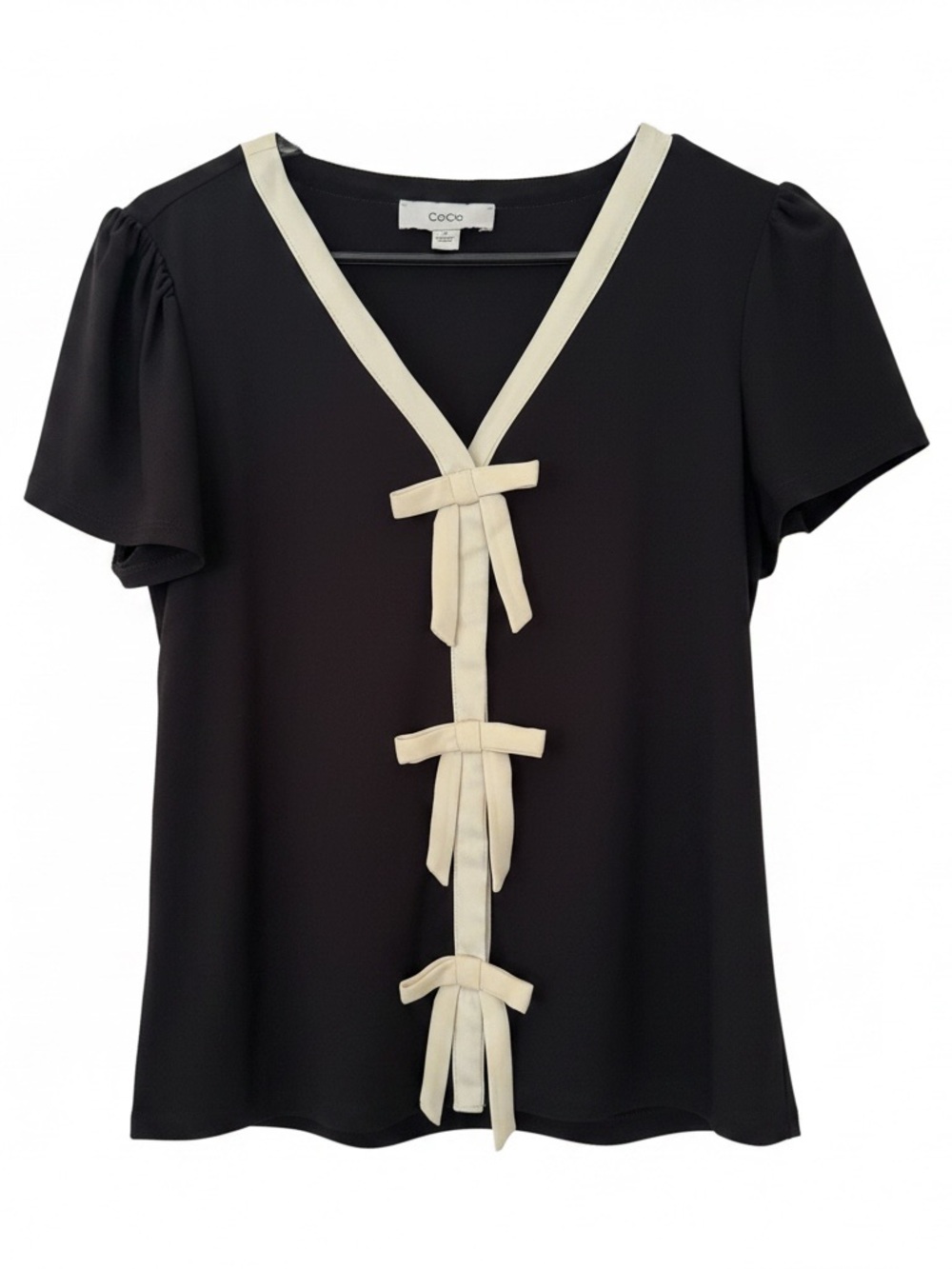 CeCe Black V-Neck Top with Cream Trim & Bow Details
